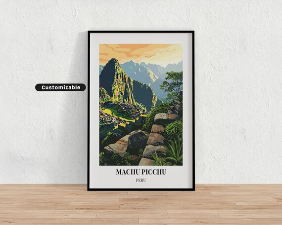 Machu Picchu Peru Ruins Sunset Illustrated Customizable Travel Poster