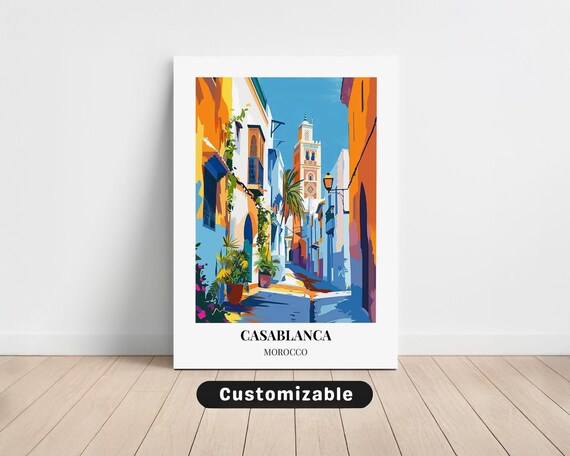 Casablanca Morocco Blue Old Town Street Minaret Travel Poster