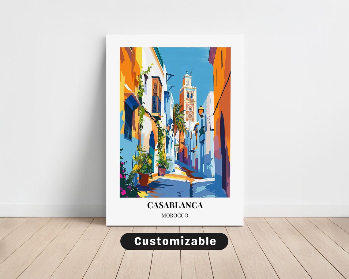Casablanca Morocco Blue Old Town Street Minaret Travel Poster