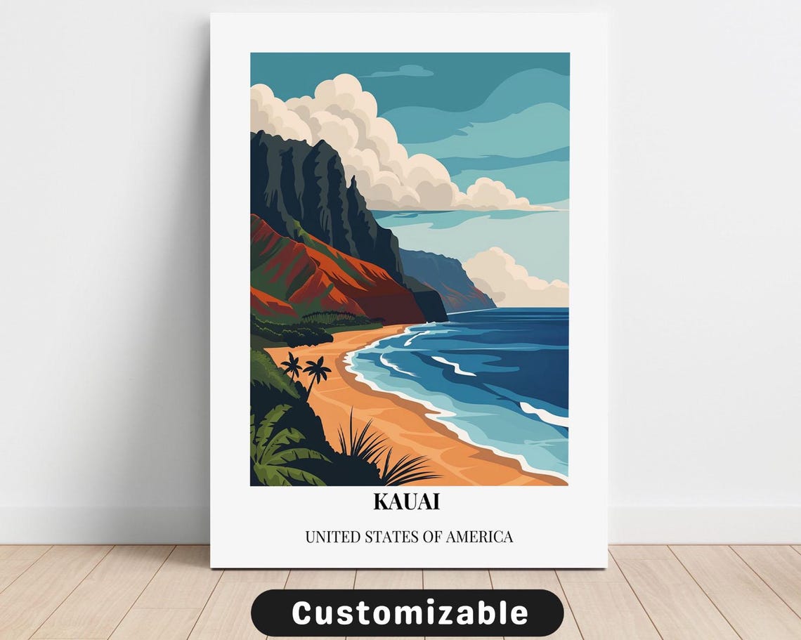 Kauai Travel Poster with Sea Cliffs Beach and Palm Trees Artwork