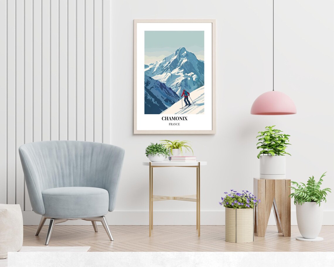 Chamonix France Skier Overlooking Mont Blanc Snowy Massif Vista Poster - Image 2
