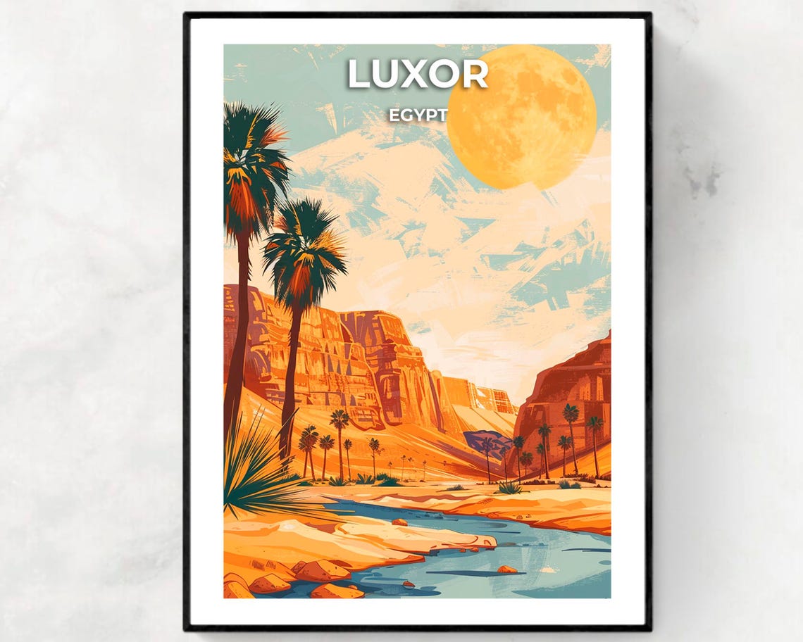 Luxor Egypt Desert Cliffs Palm Oasis Travel Poster Panoramic