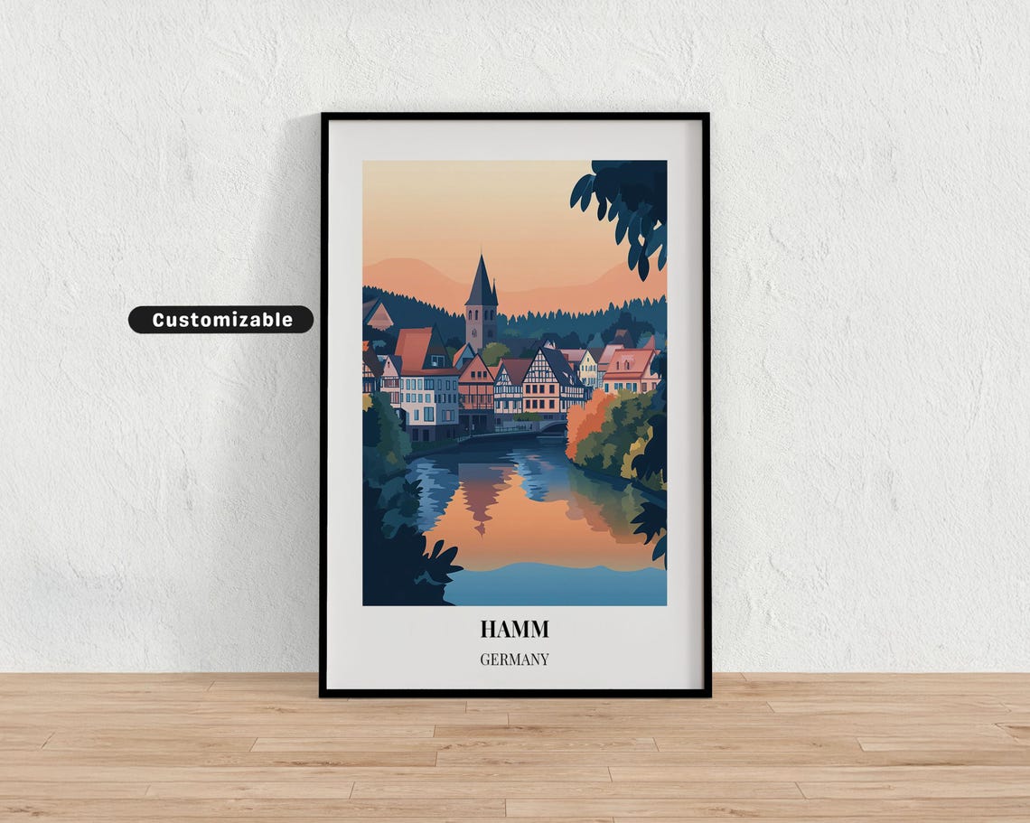 Hamm Germany Vintage Travel Art Riverside Old Town At Sunset Poster