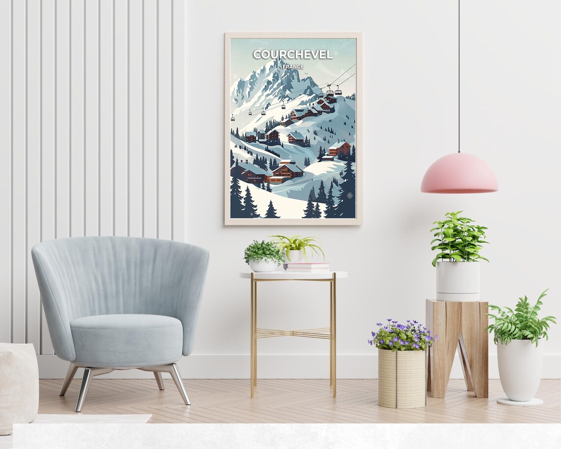 Courchevel France Snowy Village Chairlifts Winter Illustration Poster - Image 2