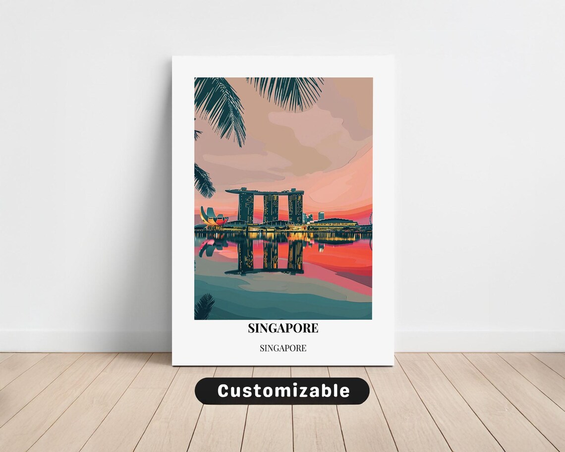 Singapore Marina Bay Sands Pink Sunset Palm Tree Travel Poster