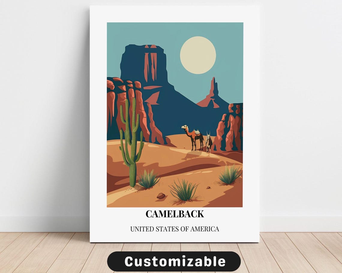 Vintage Southwest Camelback Arizona Desert Cactus Travel Poster