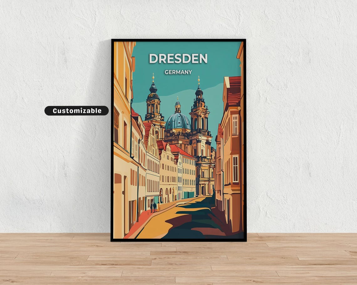 Dresden Germany Street Travel Poster with Baroque Church Domes View