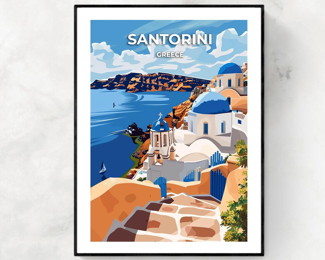 Santorini Greece Blue Domed Churches Overlooking The Aegean Sea Poster