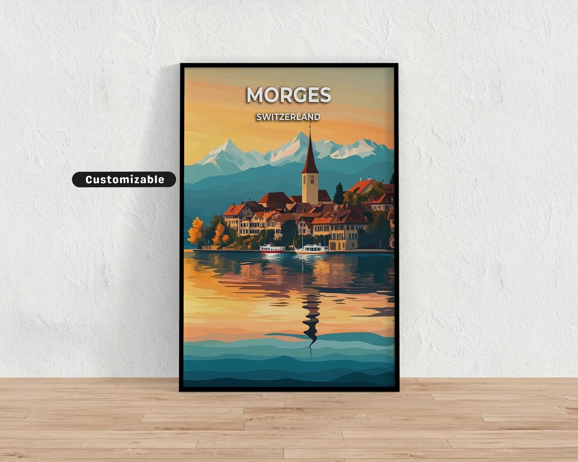 Morges Switzerland Travel Poster Golden Sunset Lake and Harbor Boats