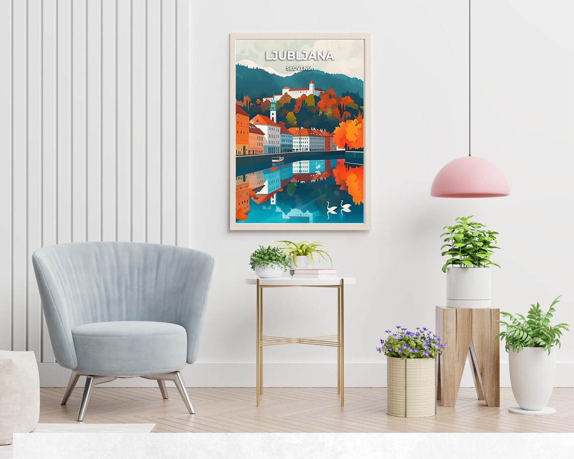 Ljubljana Slovenia Autumn Riverside Castle Old Town Travel Poster - Image 2