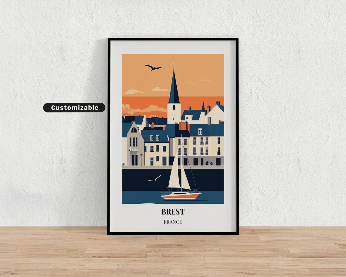 Brest France Harbor Sunset Sailboat Art Vintage Travel Poster