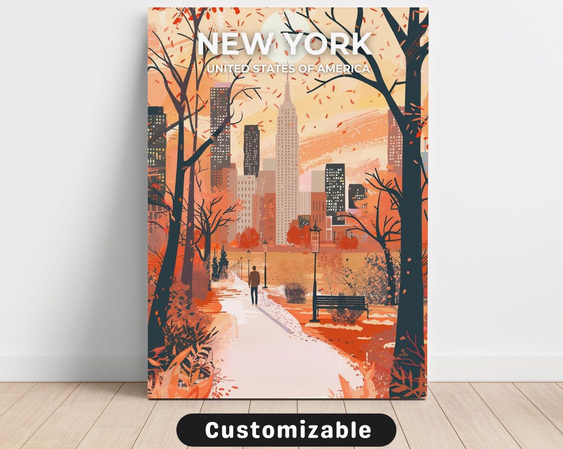 New York City Sunset Path Travel Poster Autumn Trees Urban Walk Art