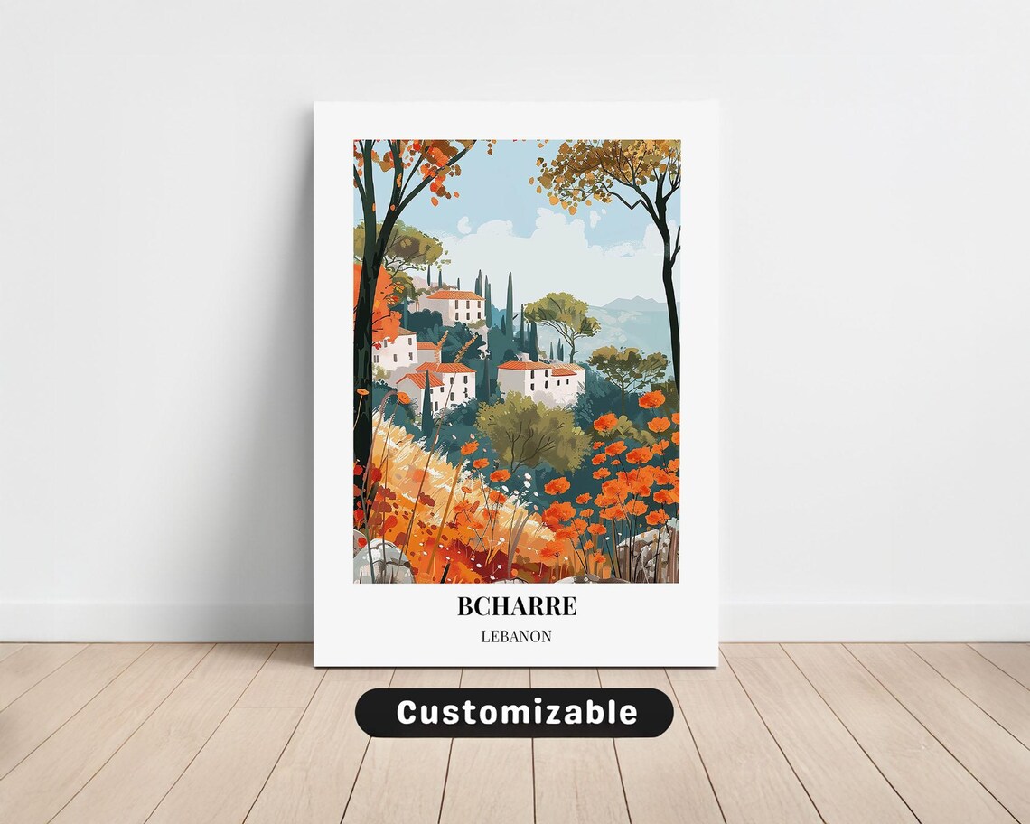 Bcharre Lebanon Travel Poster with Hillside Village and Orange Flowers