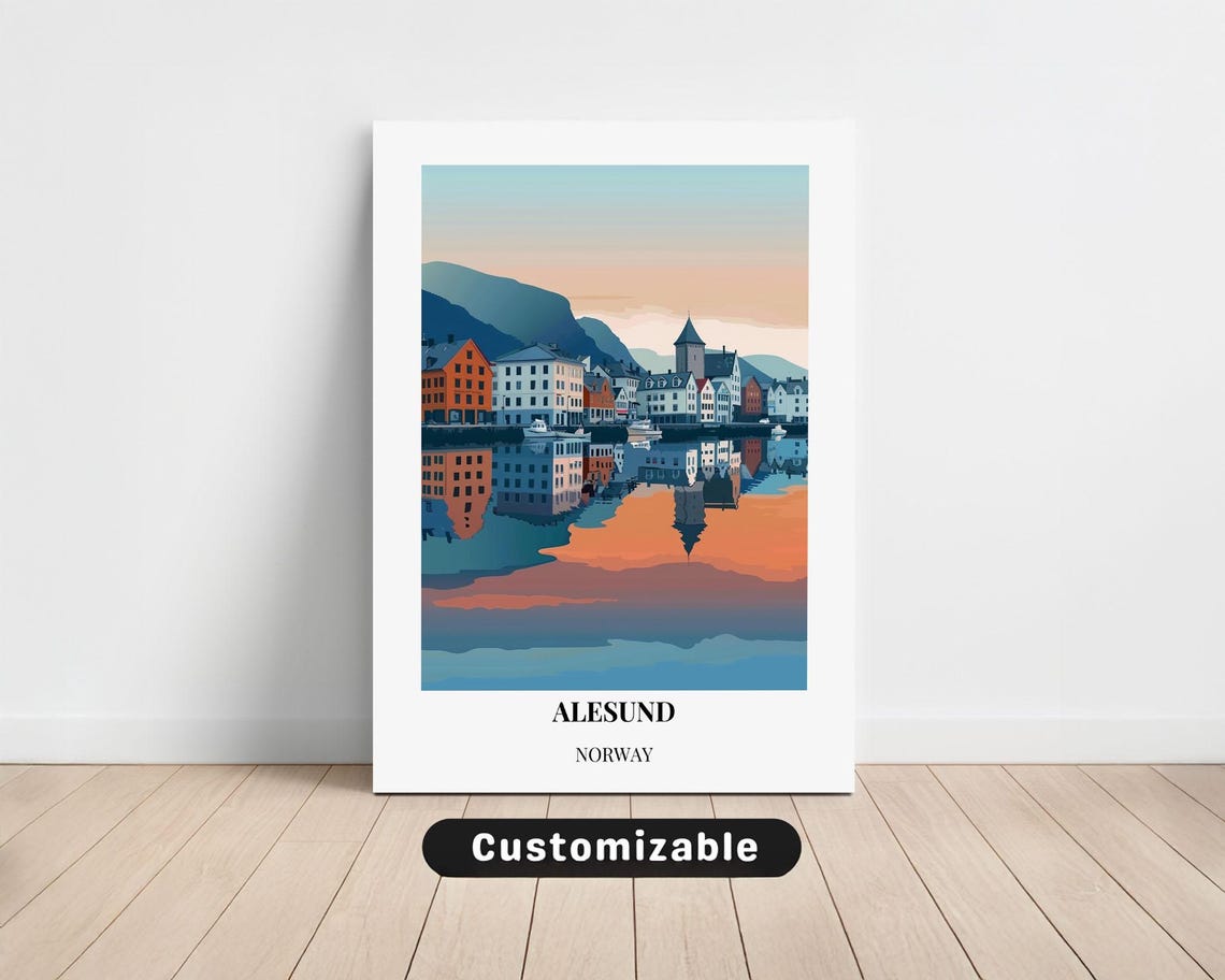 Alesund Norway Harbor Reflection Colorful Houses Sunset Travel Poster
