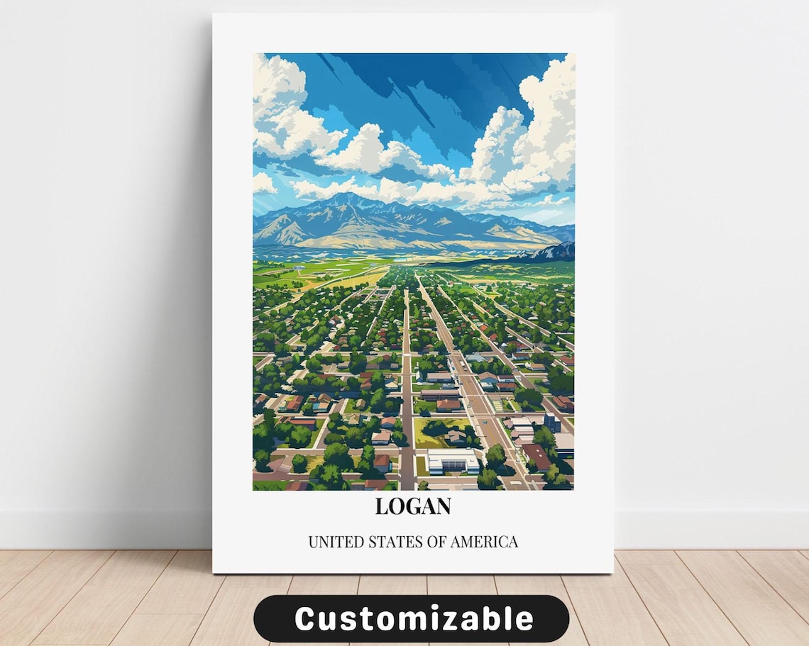 Scenic Logan Aerial Mountain Town United States Travel Poster