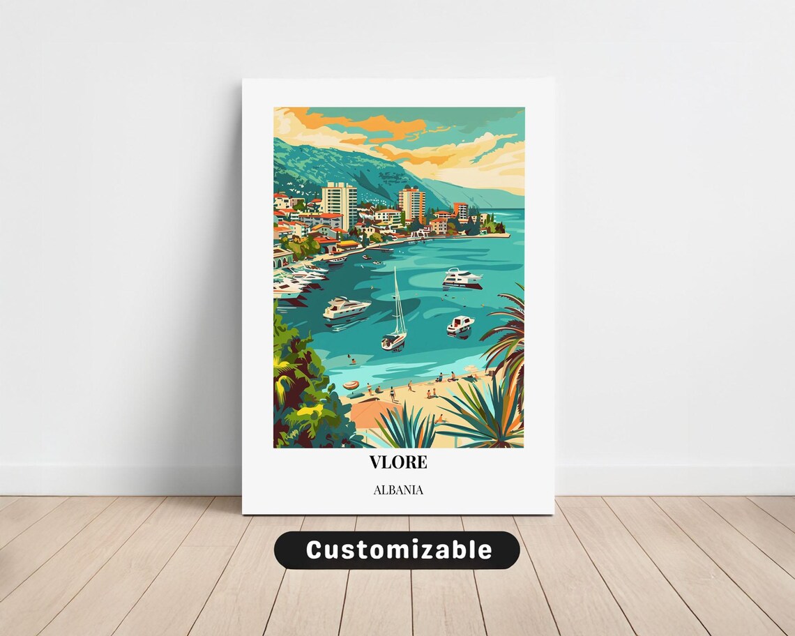Vlore Albania Sunny Beach Harbor Boats Mediterranean Travel Poster