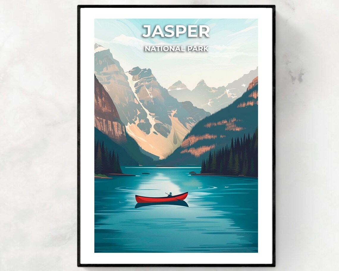 Jasper National Park Red Canoe Turquoise Lake Mountains Poster