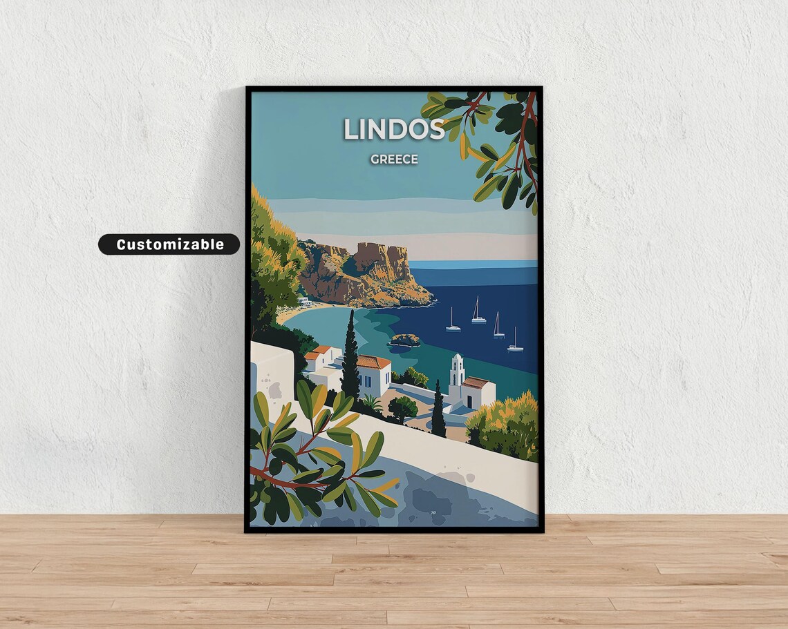 Lindos Greece Aegean Bay Whitewashed Cliff Sailboats Travel Poster