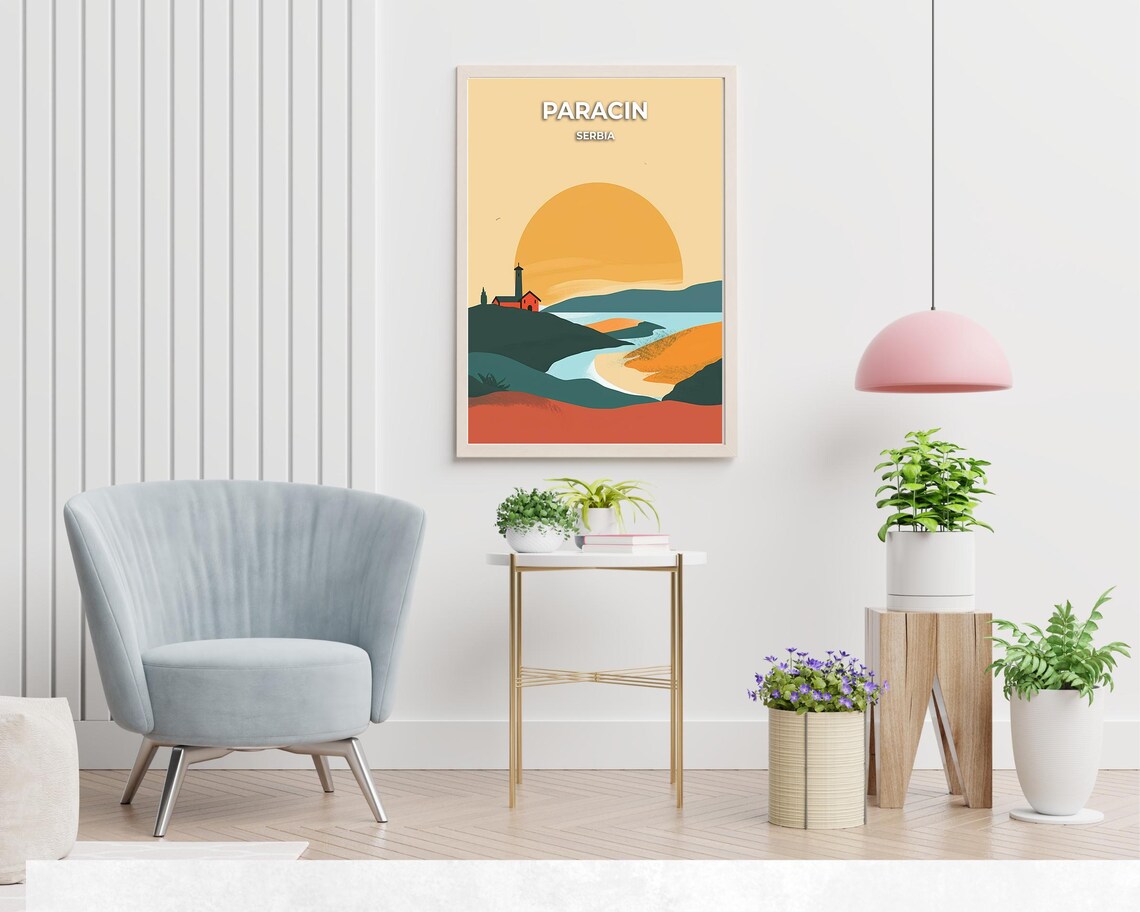 Paracin Serbia Minimalist Sunset Hills Church Landscape Travel Poster - Image 2