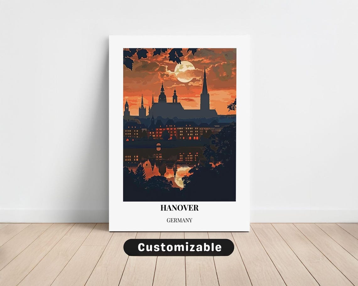 Hanover Germany Moonlit Skyline River Night Vintage Travel Poster