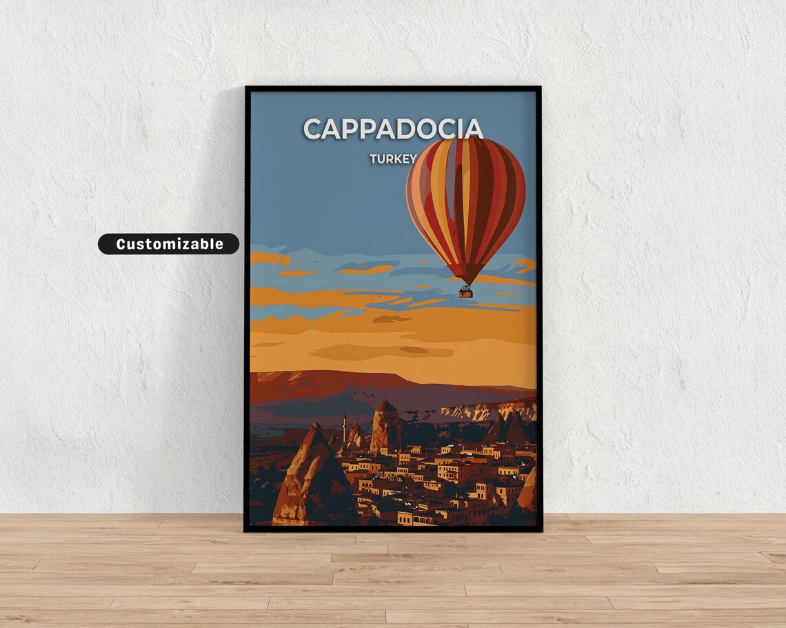 Cappadocia Turkey Hot Air Balloon Fairy Chimneys Sunset Travel Poster