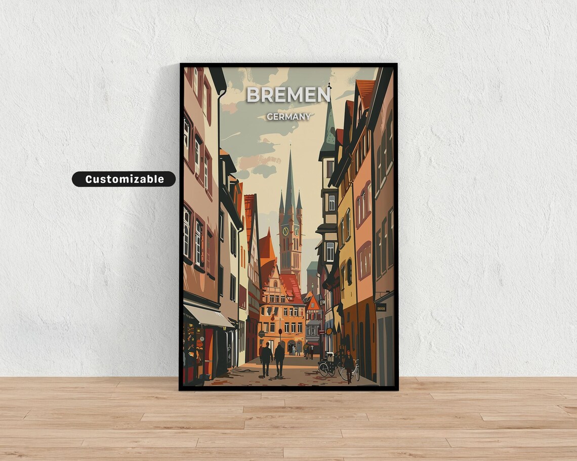 Bremen Germany Old Town Square Church Towers Scene Travel Poster
