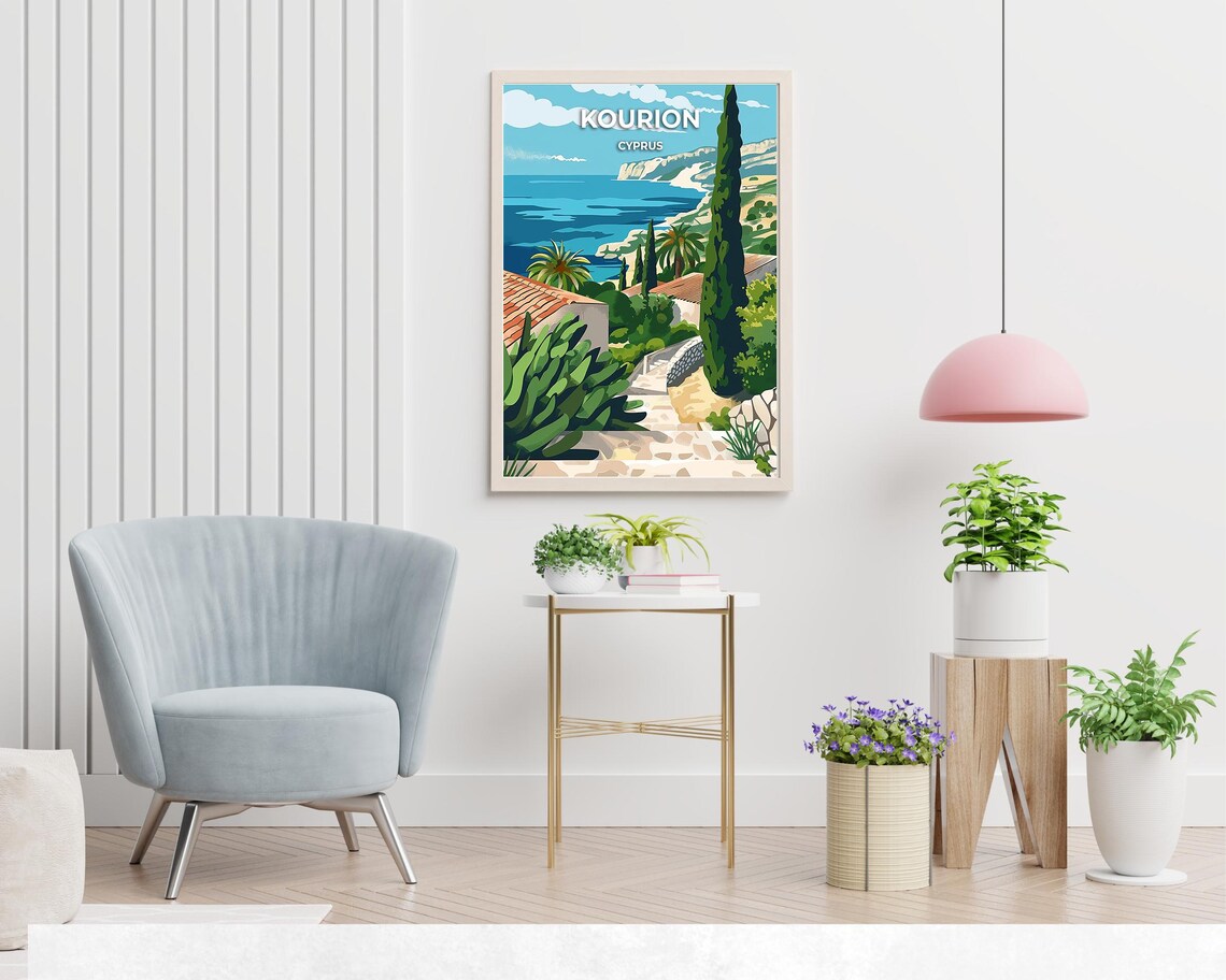 Kourion Cyprus Coastal Cliffs Poster with Cypress Trees and Stairs - Image 2