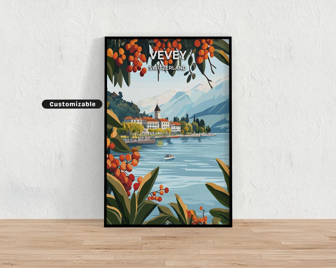 Vevey Switzerland Red Berries Framed Lakeside Town Travel Poster
