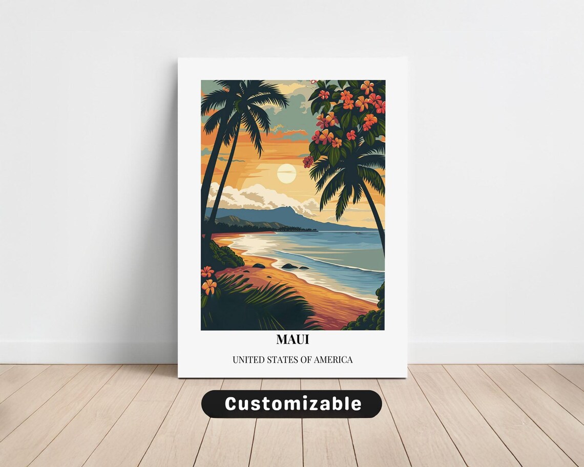 Maui United States of America Tropical Beach Sunset Palm Travel Art Poster