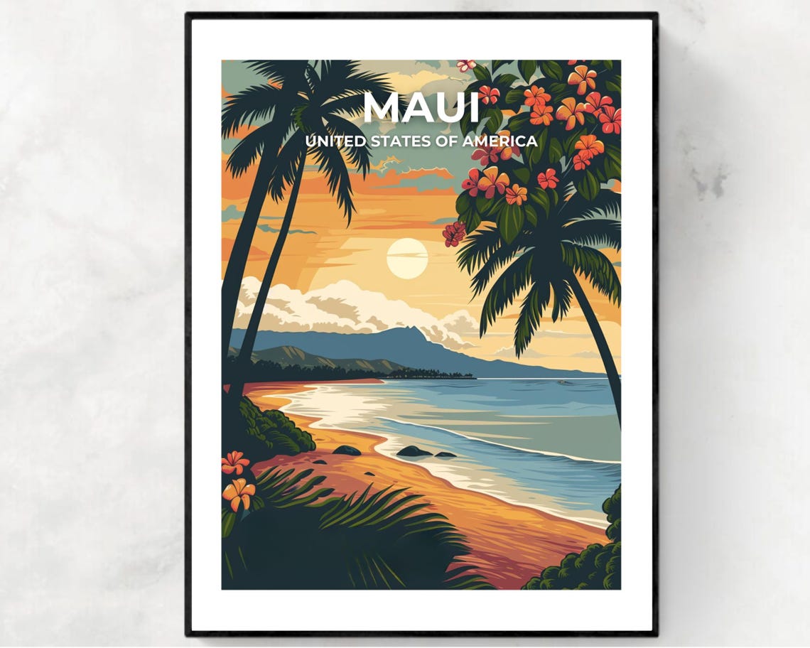 Maui USA Tropical Island Beach Sunset Hibiscus Palm Fronds Art Poster