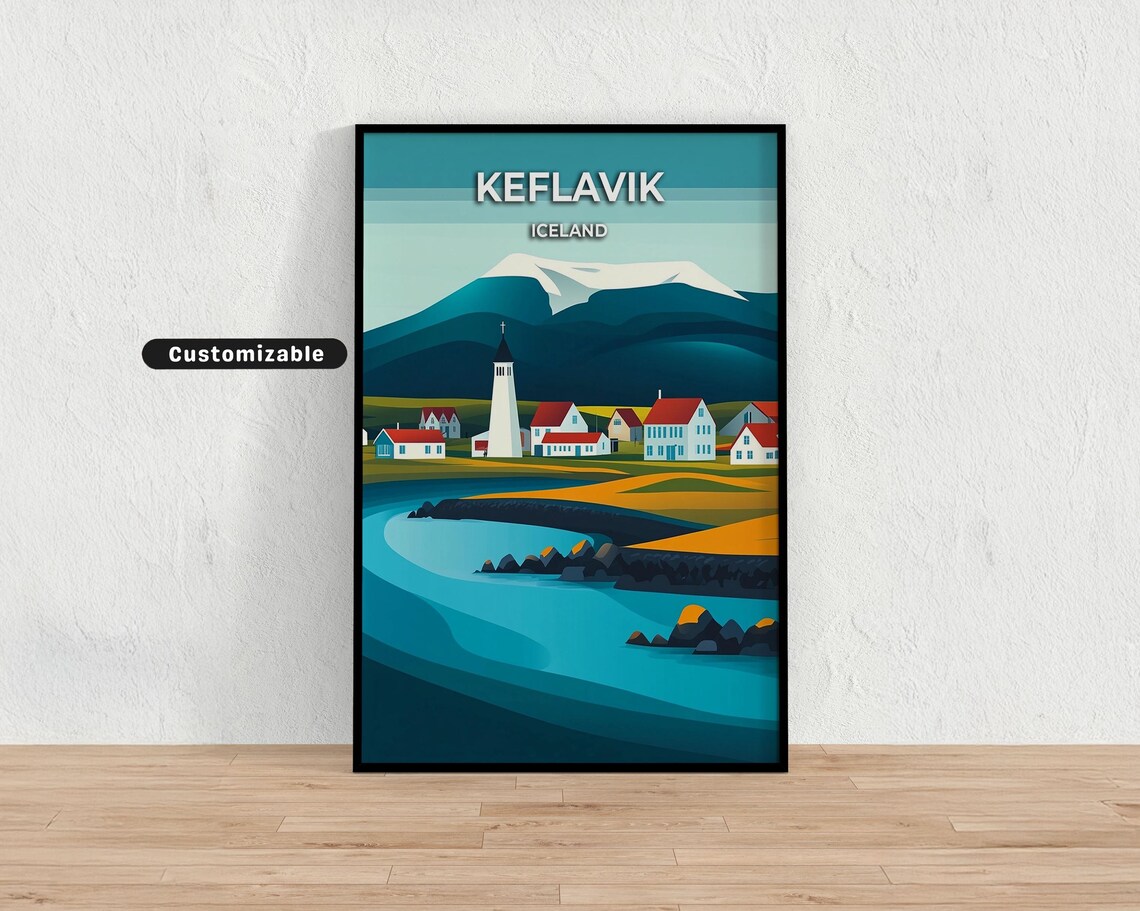 Keflavik Iceland Lighthouse Harbor Town Customizable Travel Poster