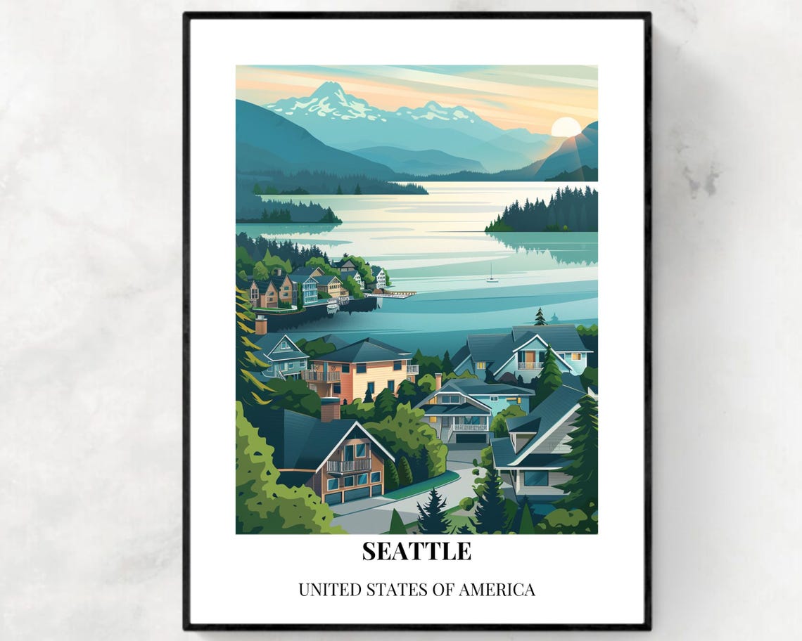 Seattle Washington Mountain Lake Town Bottom Caption Travel Poster