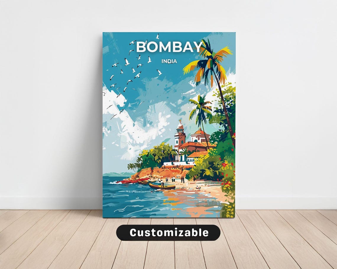 Bombay India Coastal Church Palm Beach Scene Vintage Travel Poster