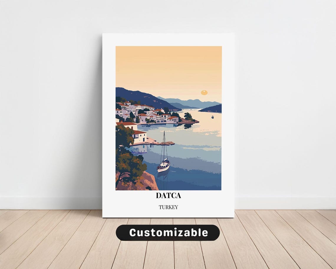 Datca Turkey Harbor Sunset Sailboat Vintage Style Travel Poster