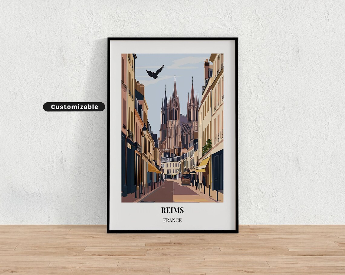 Reims France Cathedral Gothic Spires Old Street Travel Poster
