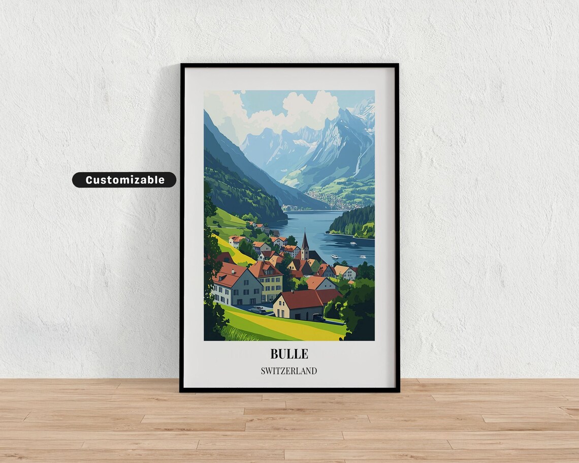 Bulle Switzerland Lakeside Village and Church Vintage Travel Poster
