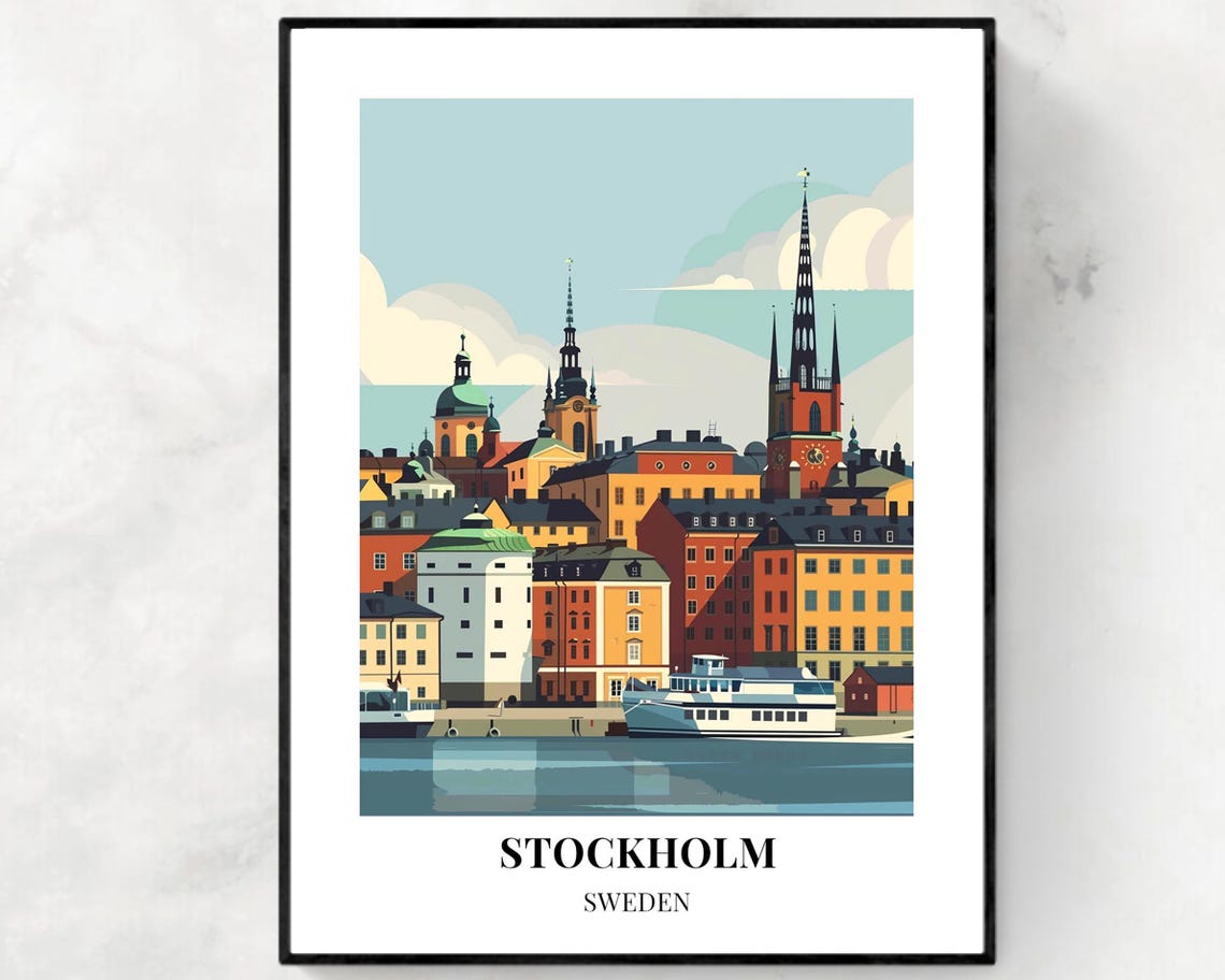 Stockholm Sweden Gamla Stan Colorful Rooftops Harbor Church Poster