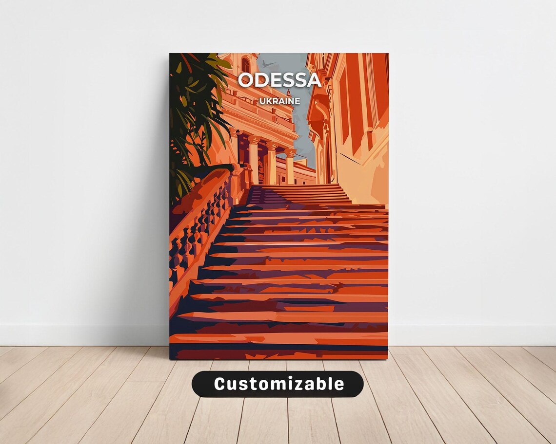 Odessa Ukraine Grand Staircase Travel Poster Orange Sunset Art