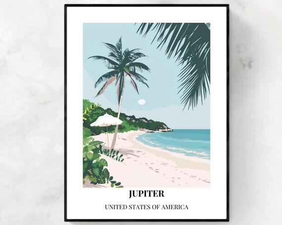 Jupiter Florida Tropical Beach Palm Tree Shoreline Travel Poster