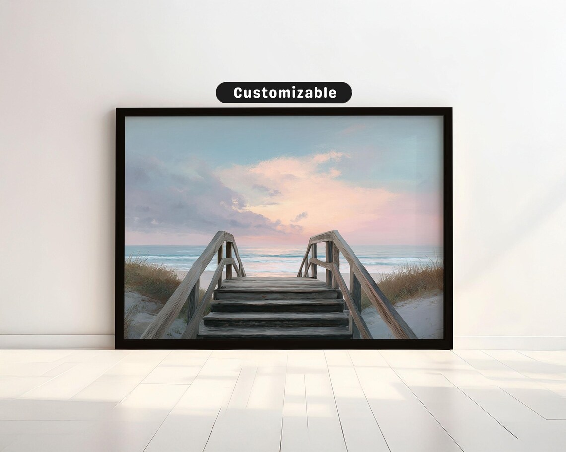 Ocean View Wooden Stairway Beach Sunset Pastel Coastal Art Poster