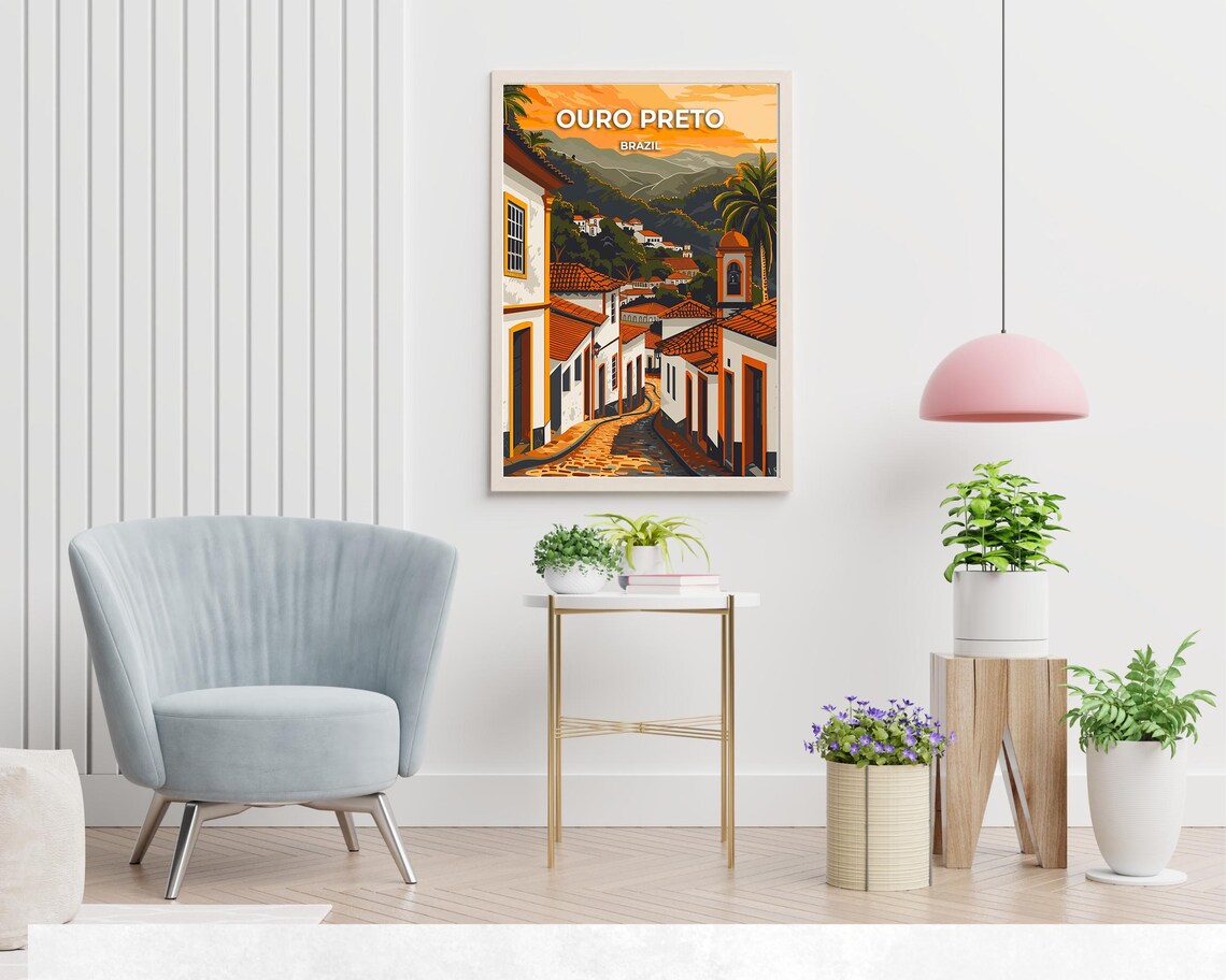 Ouro Preto Brazil Sunset Colonial Rooftops Illustrated Travel Poster - Image 2