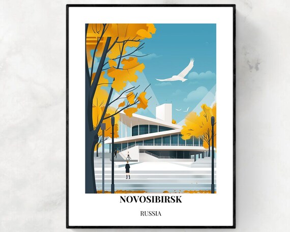 Novosibirsk Russia Modernist Theatre Golden Autumn Scene Poster