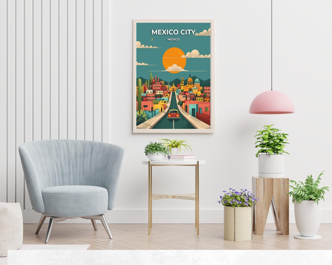 Mexico City Sunset Street With Vintage Car And Orange Sun Poster - Image 2