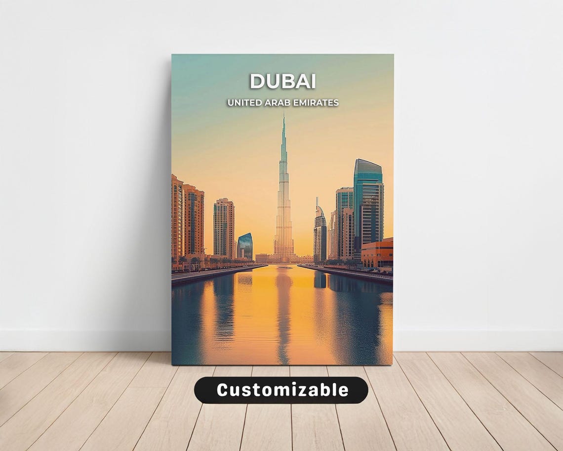 Dubai Skyline Sunset Water Reflection United Arab Emirates Poster