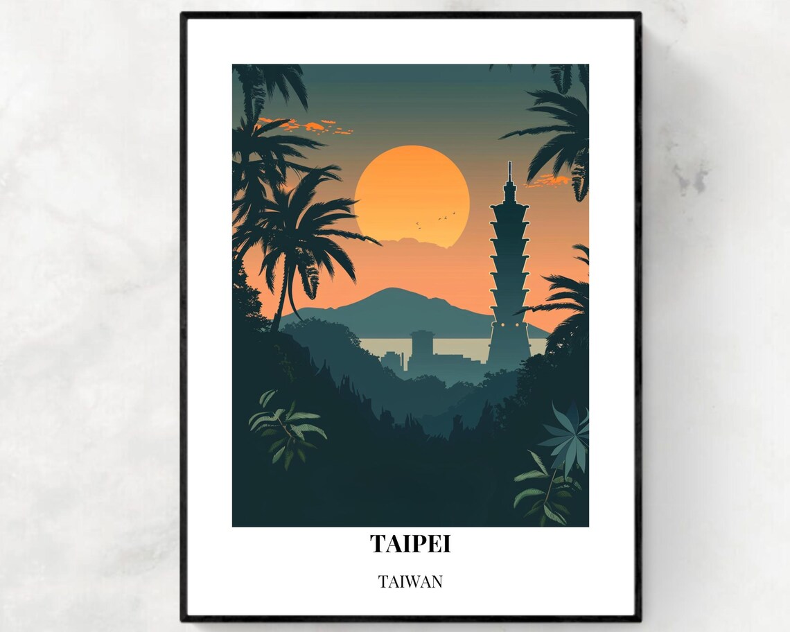 Taipei Taiwan Night Silhouette Taipei 101 Palm Travel Poster