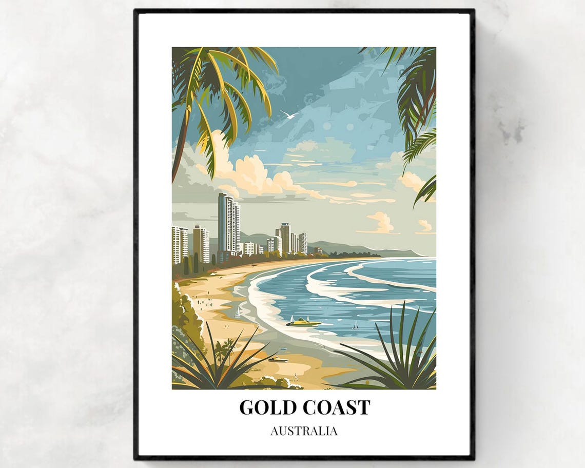 Gold Coast Australia Palm Framed Beach Tropical View Travel Poster