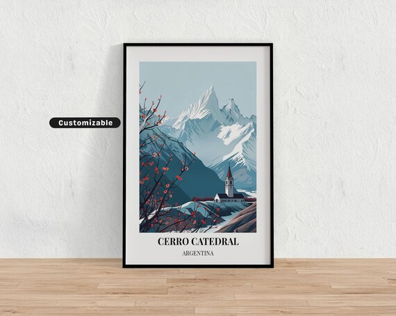 Cerro Catedral Argentina Snow Capped Mountain Chapel Travel Poster