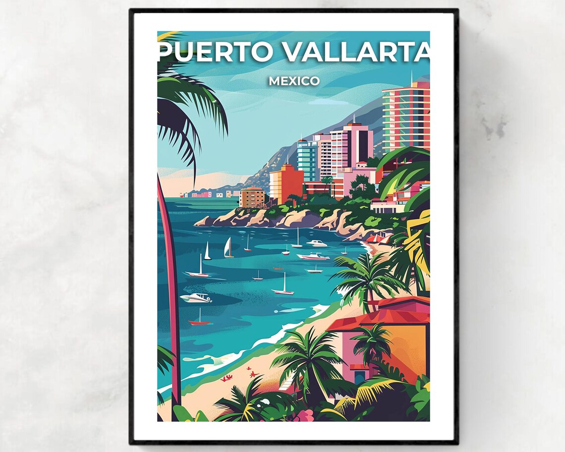 Puerto Vallarta Mexico Bay Sailboats Beach Hotels Scene Travel Poster