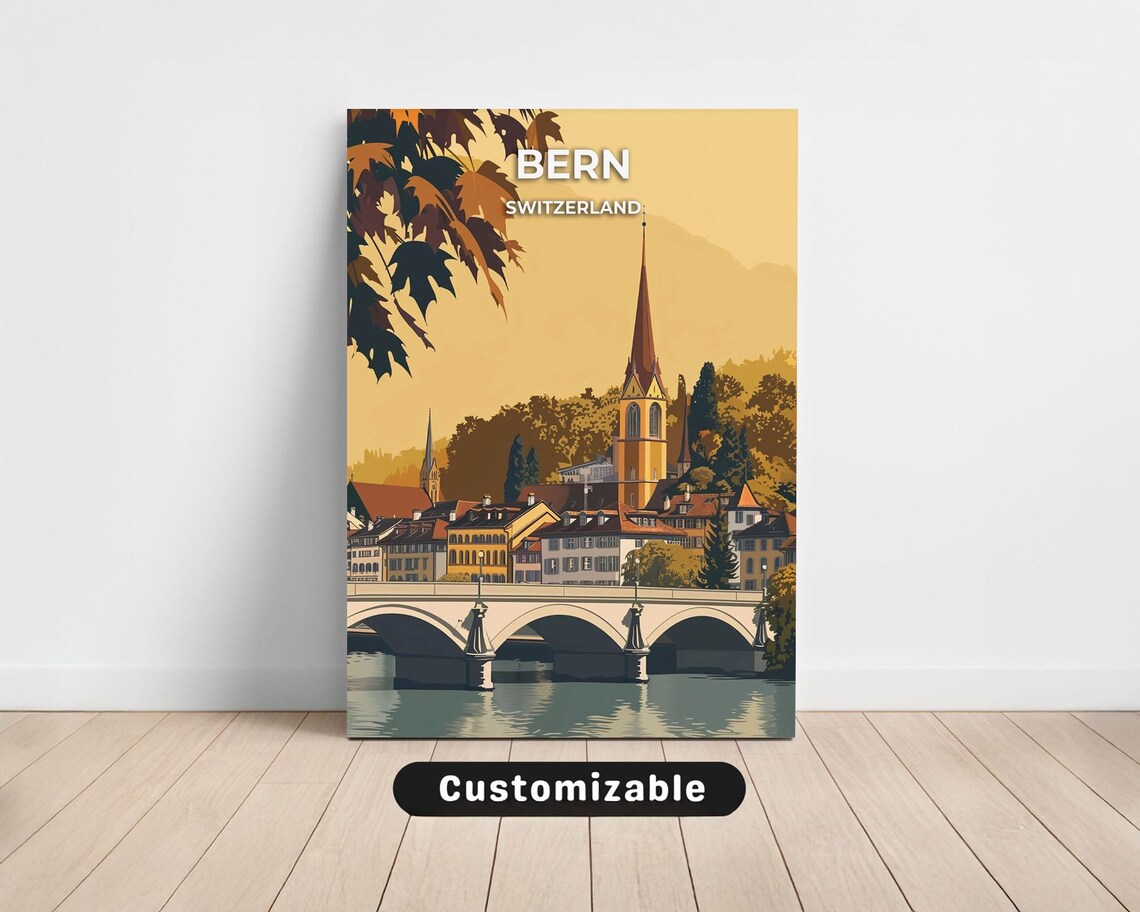 Bern Switzerland Autumn Travel Poster Bridge Church Spire River