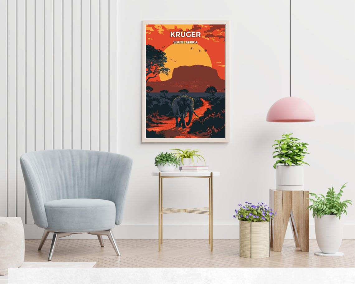 Kruger South Africa Elephant Red Sunset Safari Travel Poster - Image 2